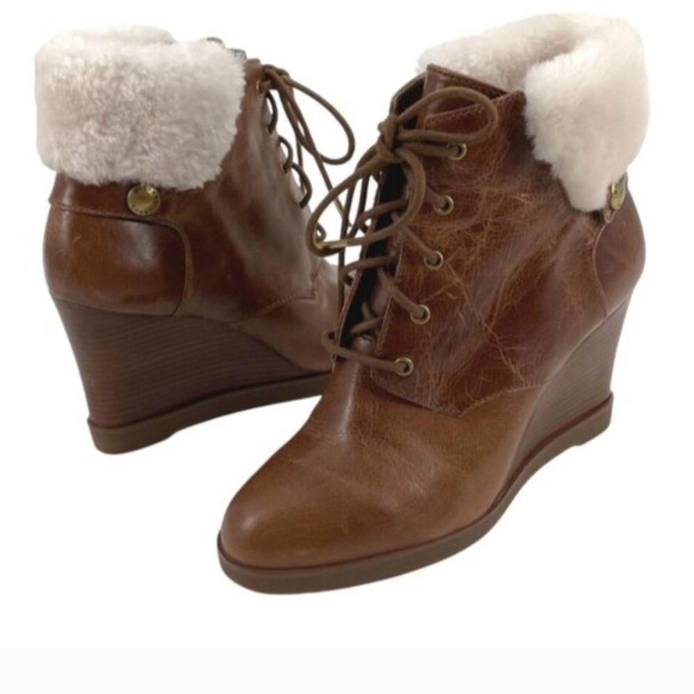 Michael Kors Fur Cuff Wedge Booties Women’s 9.5 Brown Leather Lace Up MK